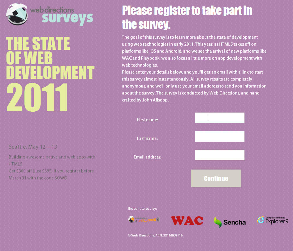 Screen capture of Webdirections survey site in Internet Explorer 8, showing unusable form fields as white text on white fields.