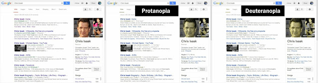 Screen shots of Google results page with two kinds of color-blindness simulated.