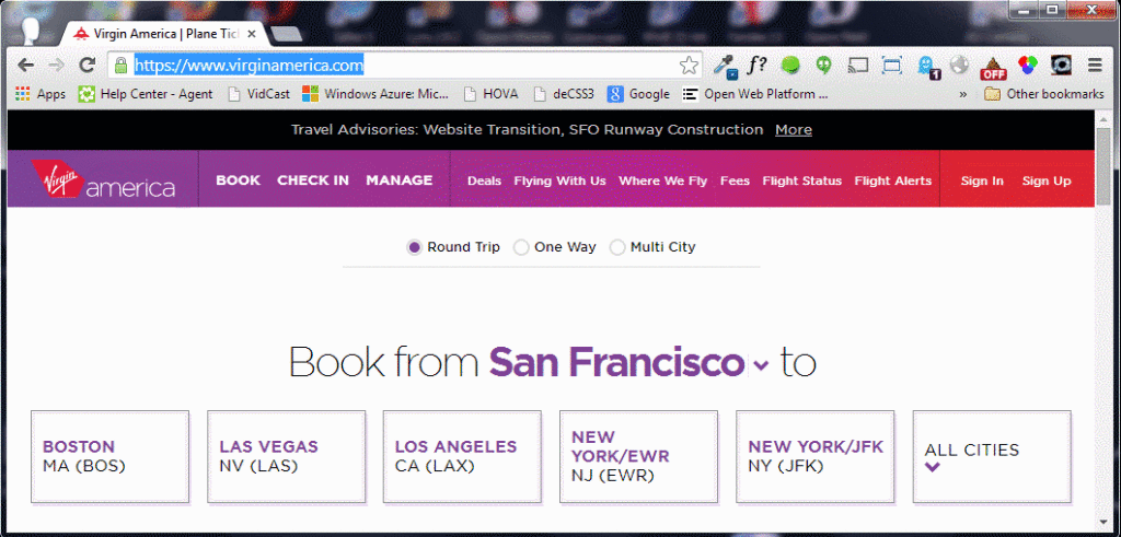 Animated GIF screen capture of Virgin America site.