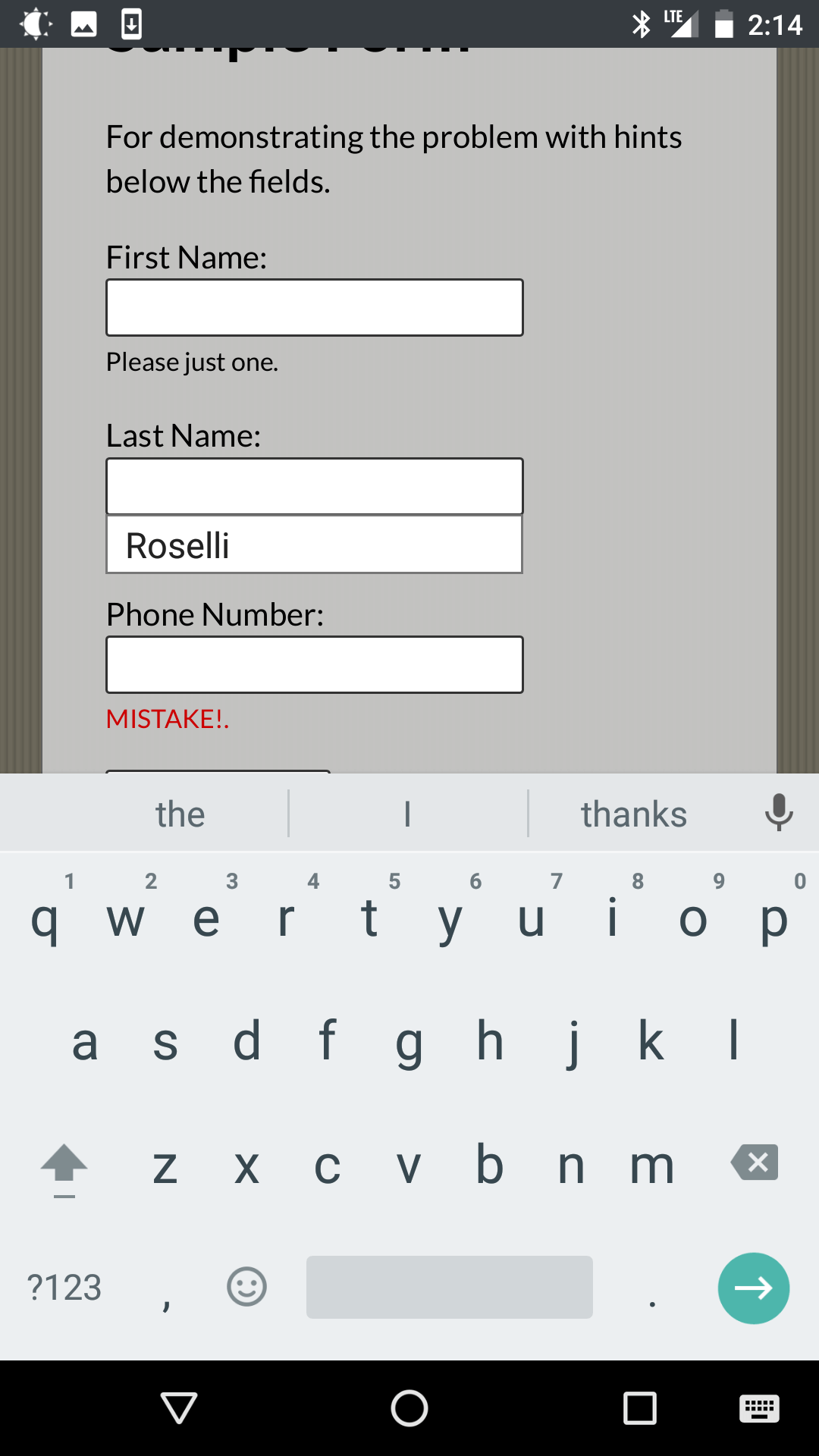 Screen shot from Firefox Mobile showing auto-complete on the second field.