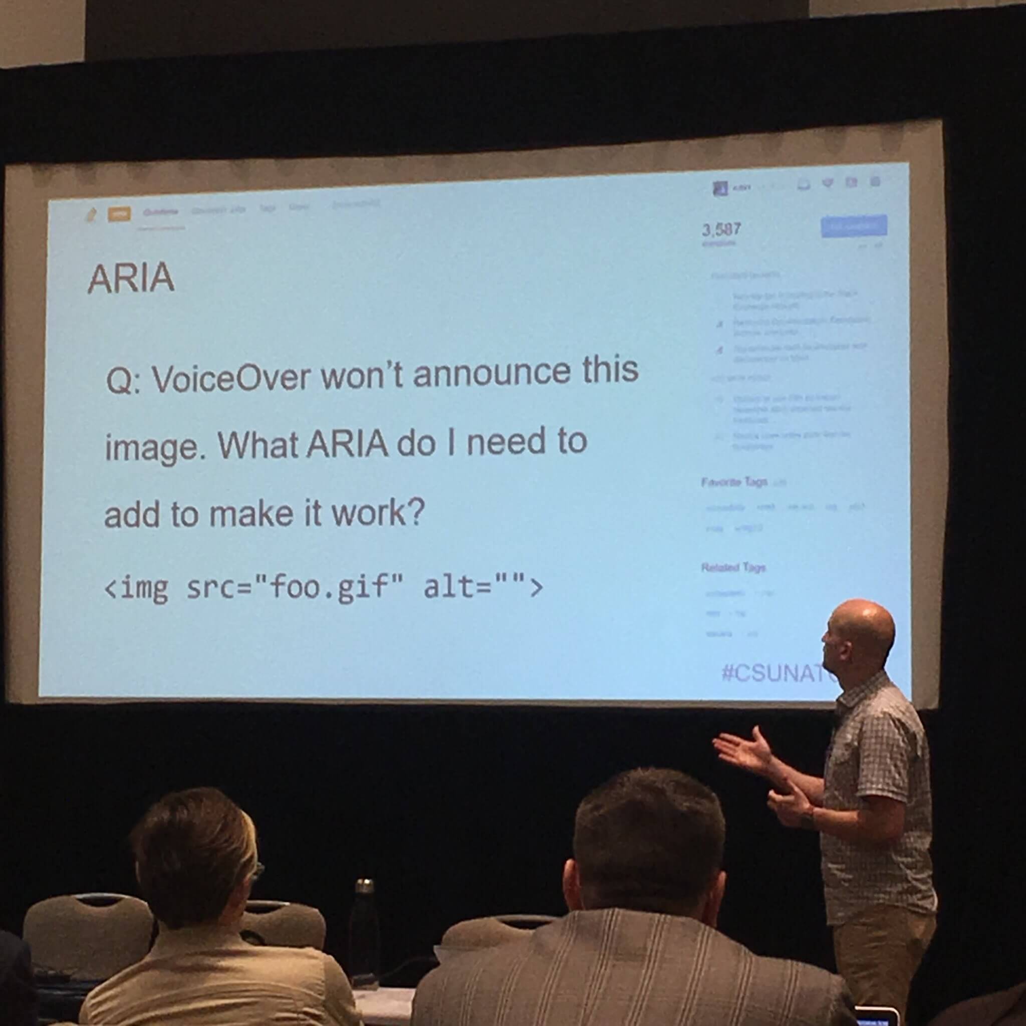 Slide with text: “Q: Voiceover won’t announce this image. What aria do I need to add to make it work? Image Html with empty alt”