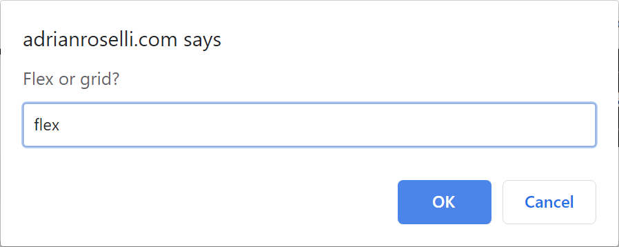 A JavaScript prompt asking to choose flex or grid.