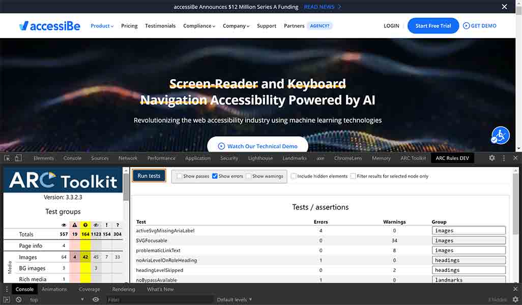 ARC showing 19 violations before running the accessiBe overlay on the AI page.