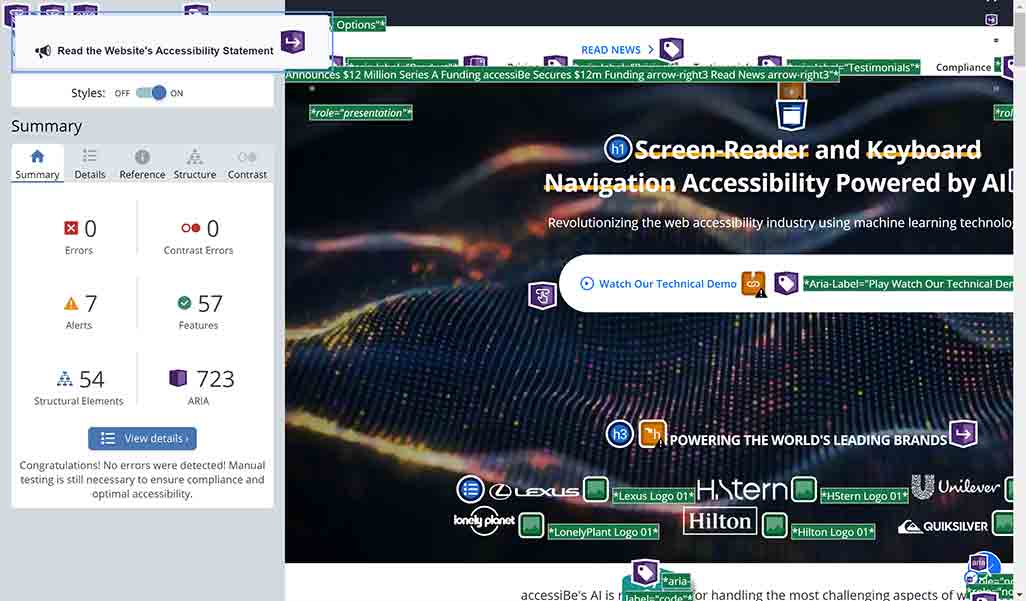 WAVE showing 0 violations after running the accessiBe overlay on the AI page.