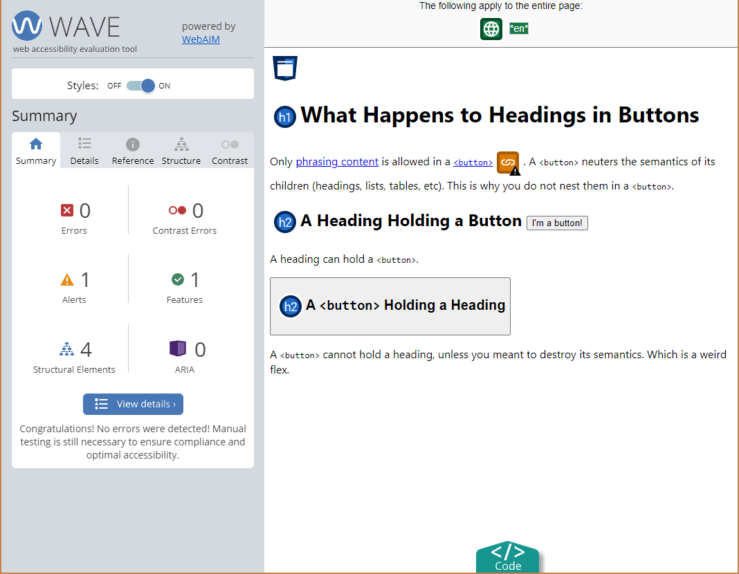 WAVE shows no errors and 1 alert, specifically the button link to the WHATWG site is suspicious.