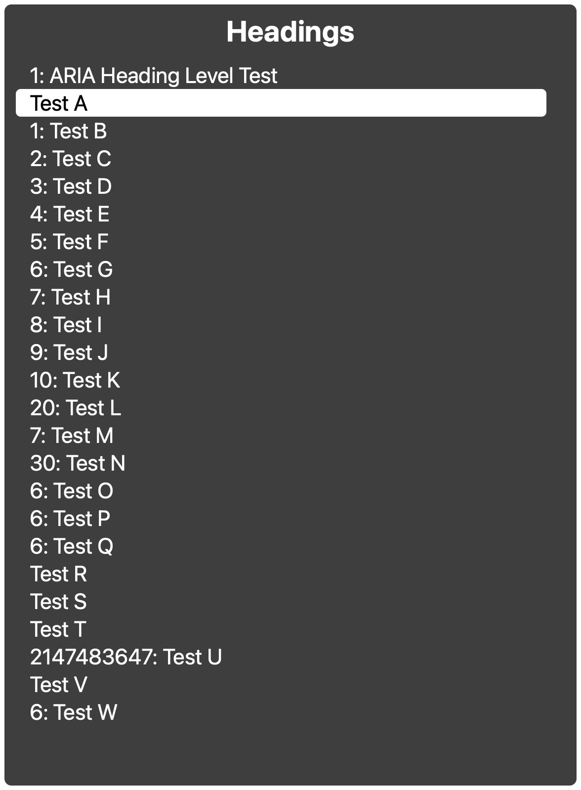 VoiceOver headings list showing what level is announced for each heading in Safari.