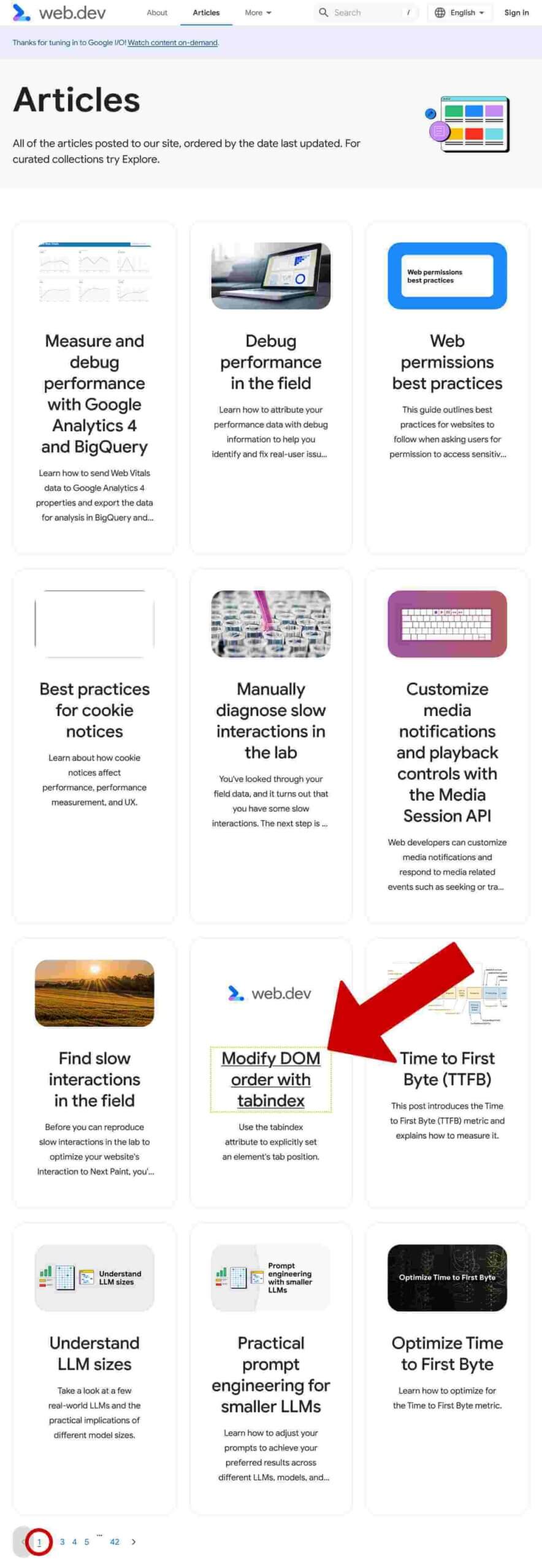 The web.dev articles index on page 1 with the article ‘Modify DOM order with tabindex’ in the eighth position out of 12.